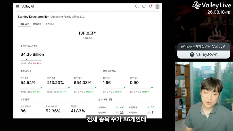 Valley AI 13F 보고서 대시보드 — 종목 수, 상위 비중, 회전율