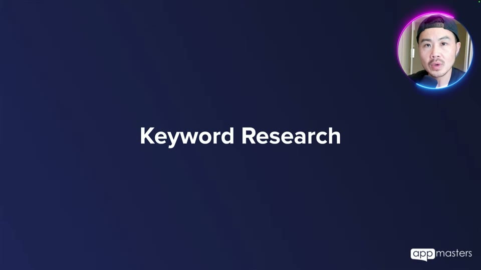 'Keyword Research'라는 텍스트만 있는 심플한 전환 슬라이드