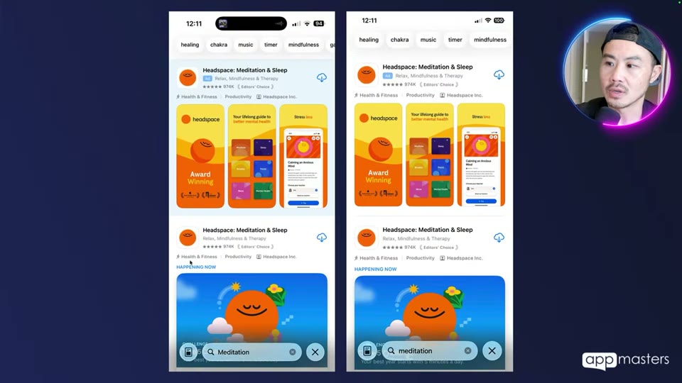 애플 검색 광고(ASA) 예시 — 명상 앱 Headspace의 검색 결과 상단 광고 노출 화면 두 개를 나란히 비교한 스크린샷