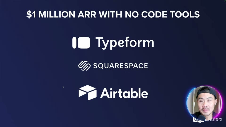 '노코드 툴로 연매출 100만 달러 달성' 슬라이드 — Typeform, Squarespace, Airtable 로고
