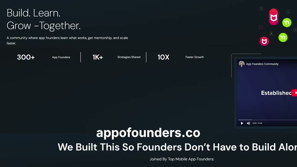 앱파운더스(appofounders.co) 커뮤니티 소개 화면 — 300+ 창업자, 1000+ 전략 공유, 10배 빠른 성장이라는 문구