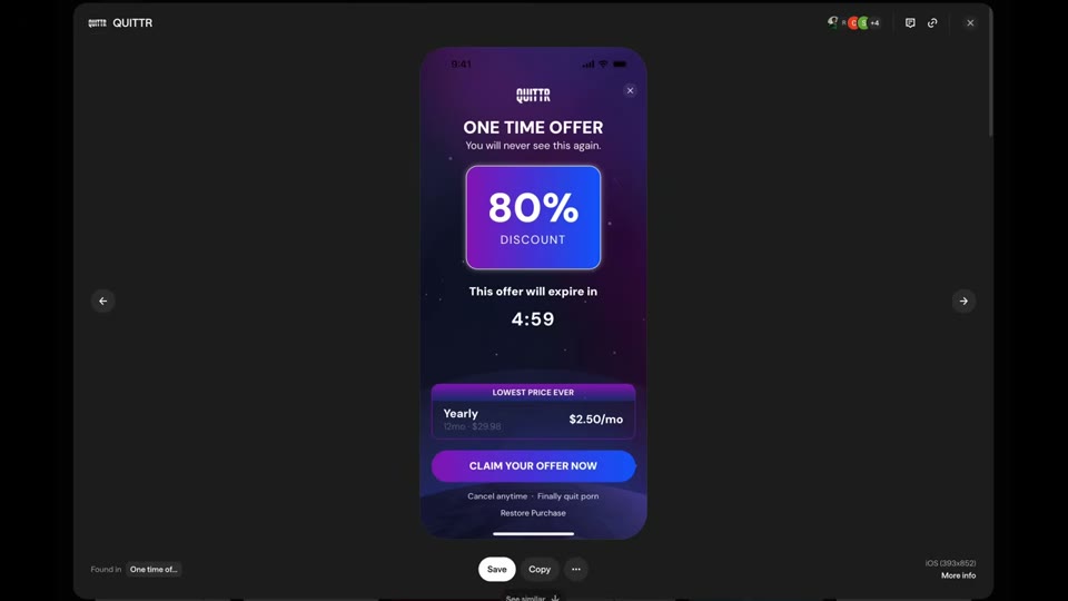 QUITTR의 80% 일회성 할인 카운트다운 paywall