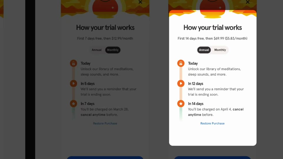 Headspace의 7일 체험과 14일 체험 비교 화면