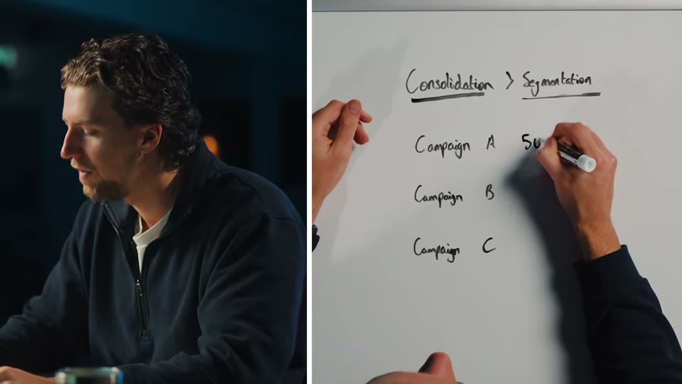화이트보드에 Consolidation > Segmentation을 쓰며 캠페인 A/B/C 예시를 설명