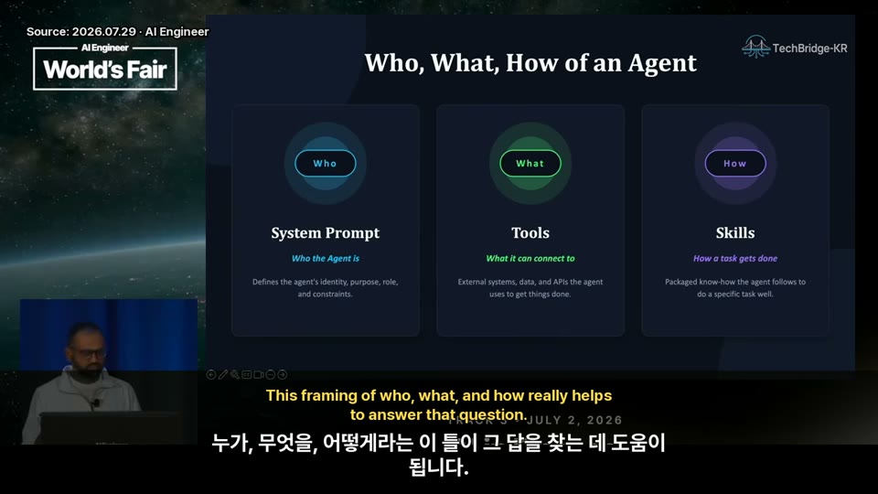 에이전트의 Who What How 프레임워크를 시스템 프롬프트, 툴, 스킬로 나눠 보여주는 슬라이드