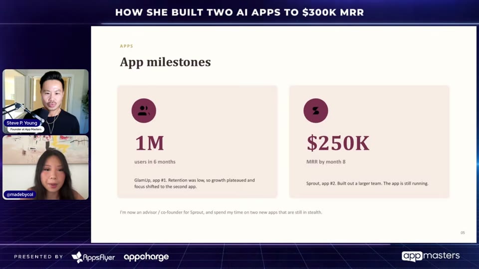 App milestones 슬라이드 - Glamour 100만 유저, Sprout MRR 25만 달러