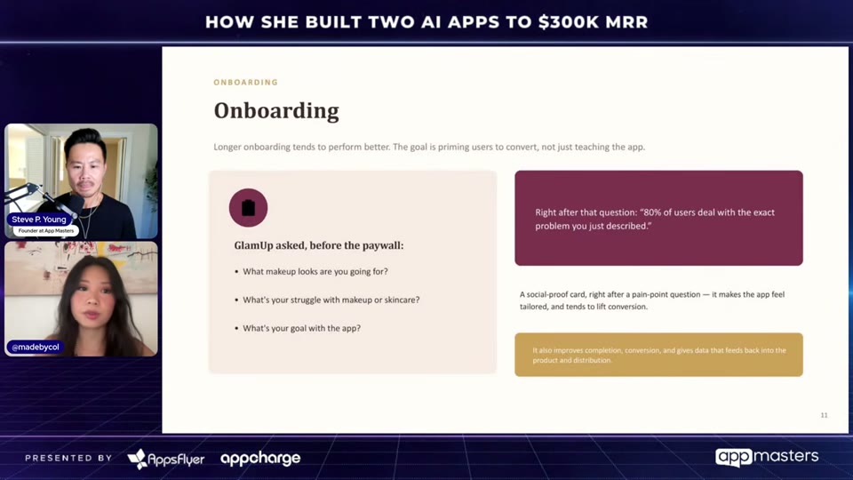 Onboarding 슬라이드 - GlamUp 온보딩 질문과 소셜프루프 카드 예시