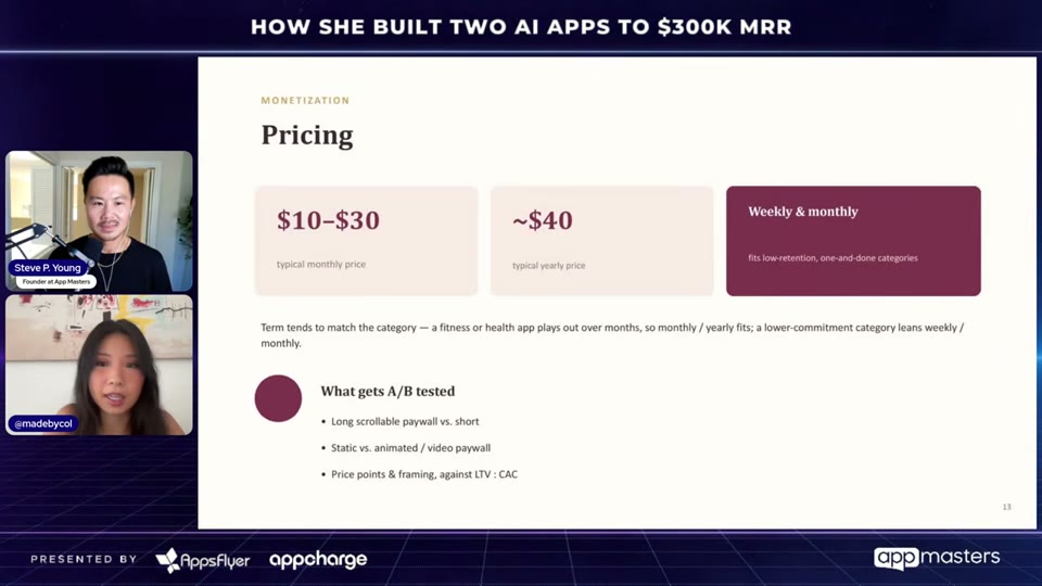 Pricing 슬라이드 - 월간 10~30달러, 연간 약 40달러, 주간/월간 요금제 안내