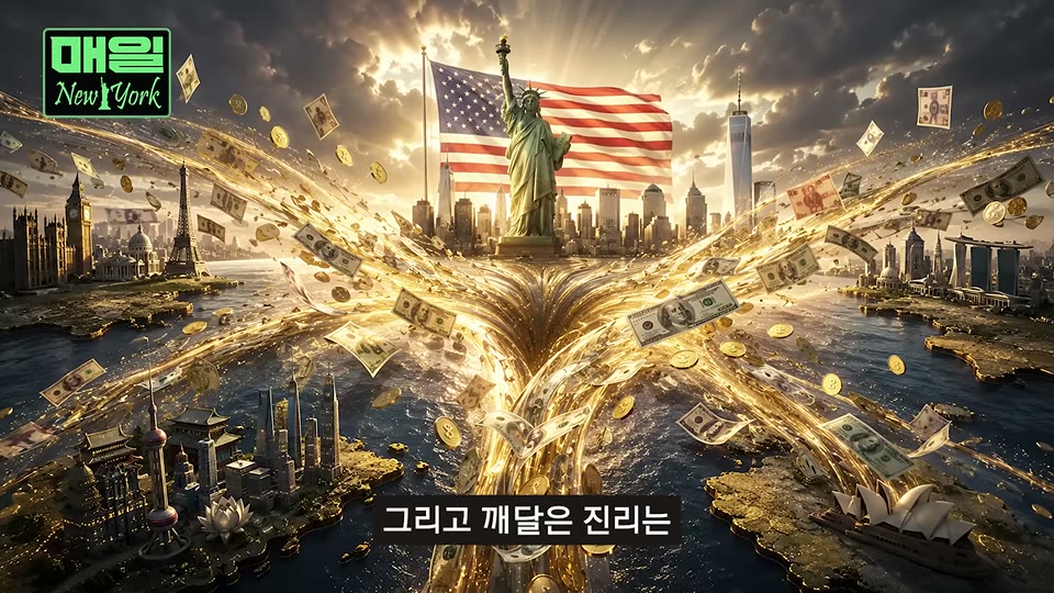 자유의 여신상과 함께 세계의 돈이 미국으로 흘러가는 그래픽