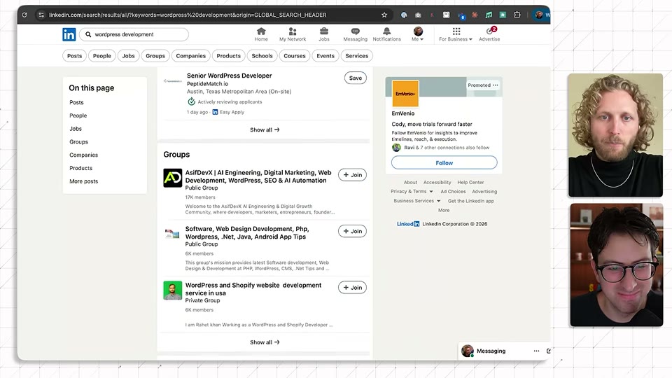 LinkedIn 검색으로 타겟 카테고리를 탐색하는 화면