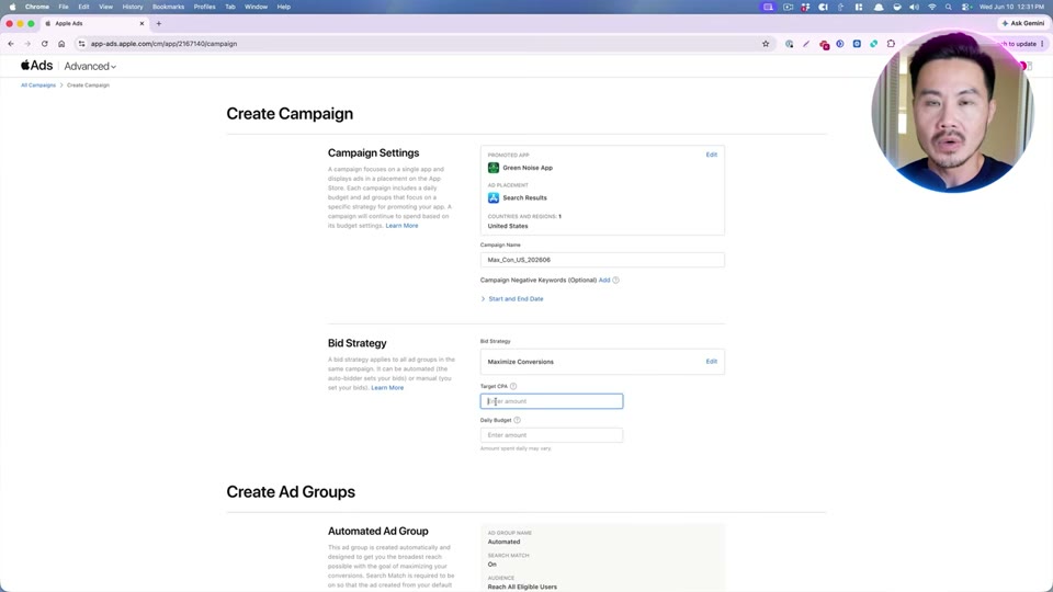 Apple Ads Create Campaign 화면, Bid Strategy: Maximize Conversions